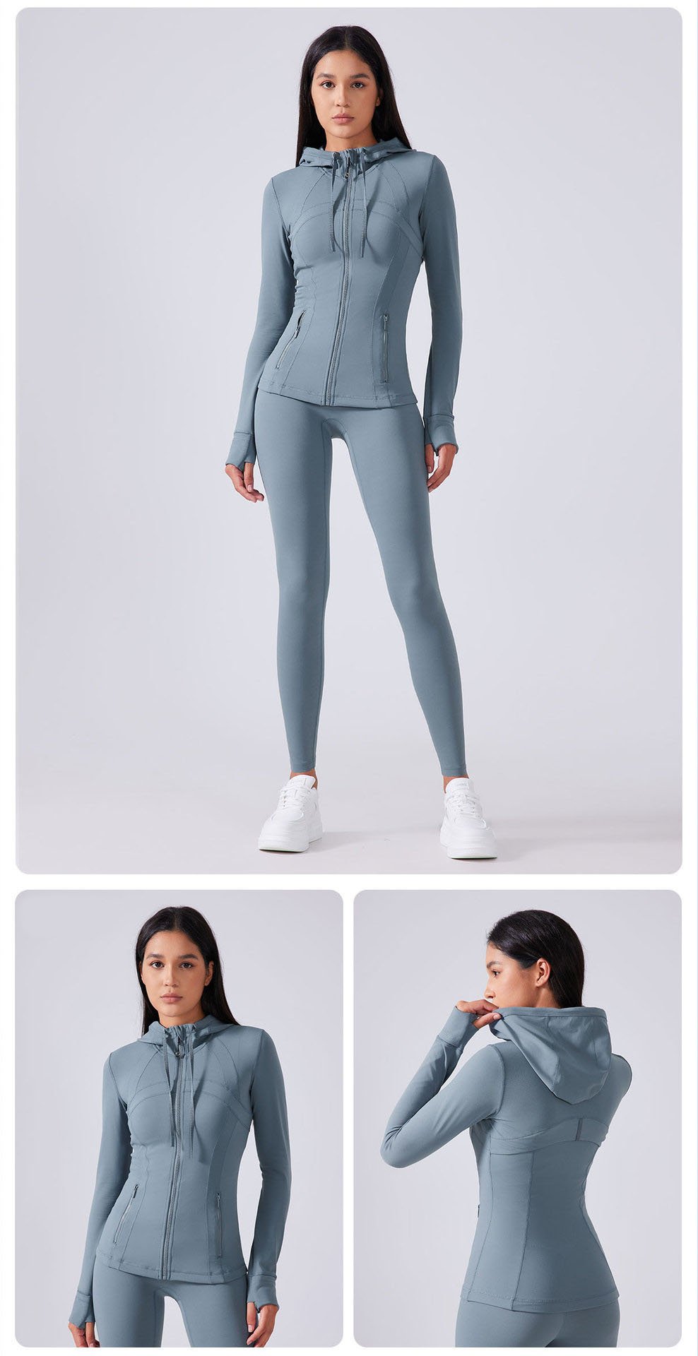 blue zipper hoodie yoga wear full matching set