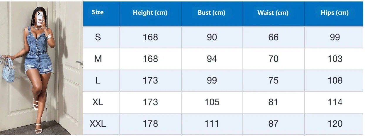Size chart for hip-hugging overalls curvy denim short romper S-XXL
