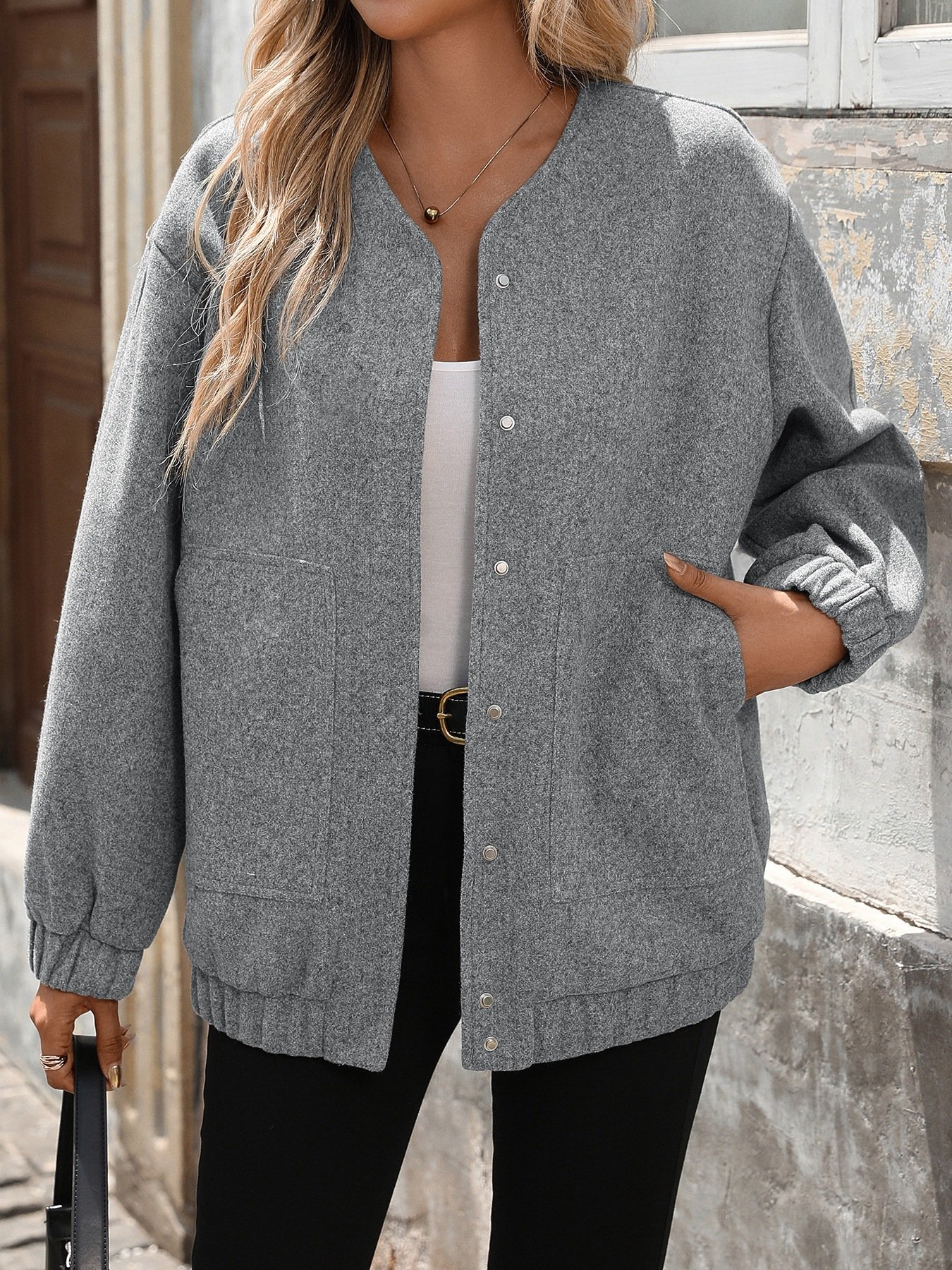 Grey casual woolen jacket hand in pocket casual street outfit