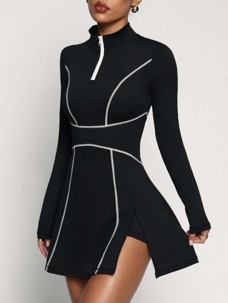 Black Half Zip Long Sleeve Yoga Dress Full Front Shot