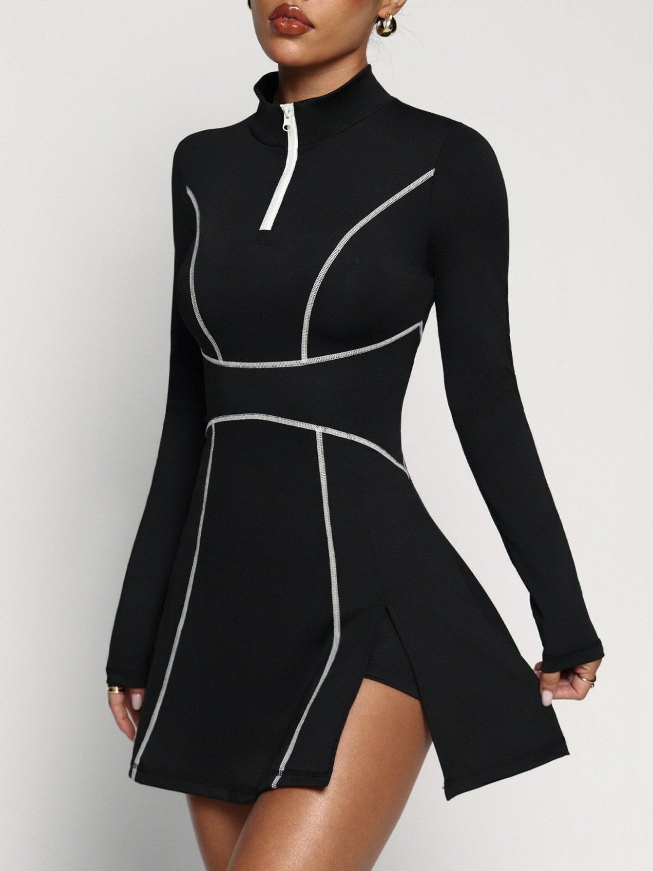 Black Half Zip Long Sleeve Yoga Dress Full Front Shot