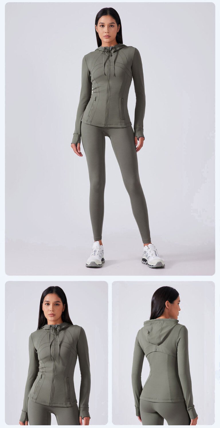 Dark grey zipper hoodie yoga wear hand pocket display
