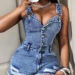 Bodycon hip-hugging overalls button front frayed hem denim playsuit