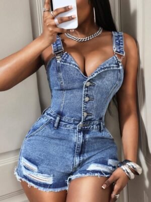 Bodycon hip-hugging overalls button front frayed hem denim playsuit