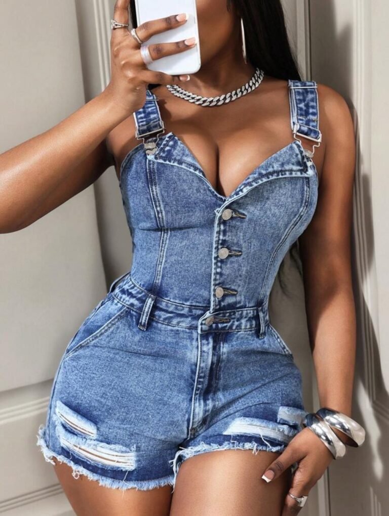 Bodycon hip-hugging overalls button front frayed hem denim playsuit