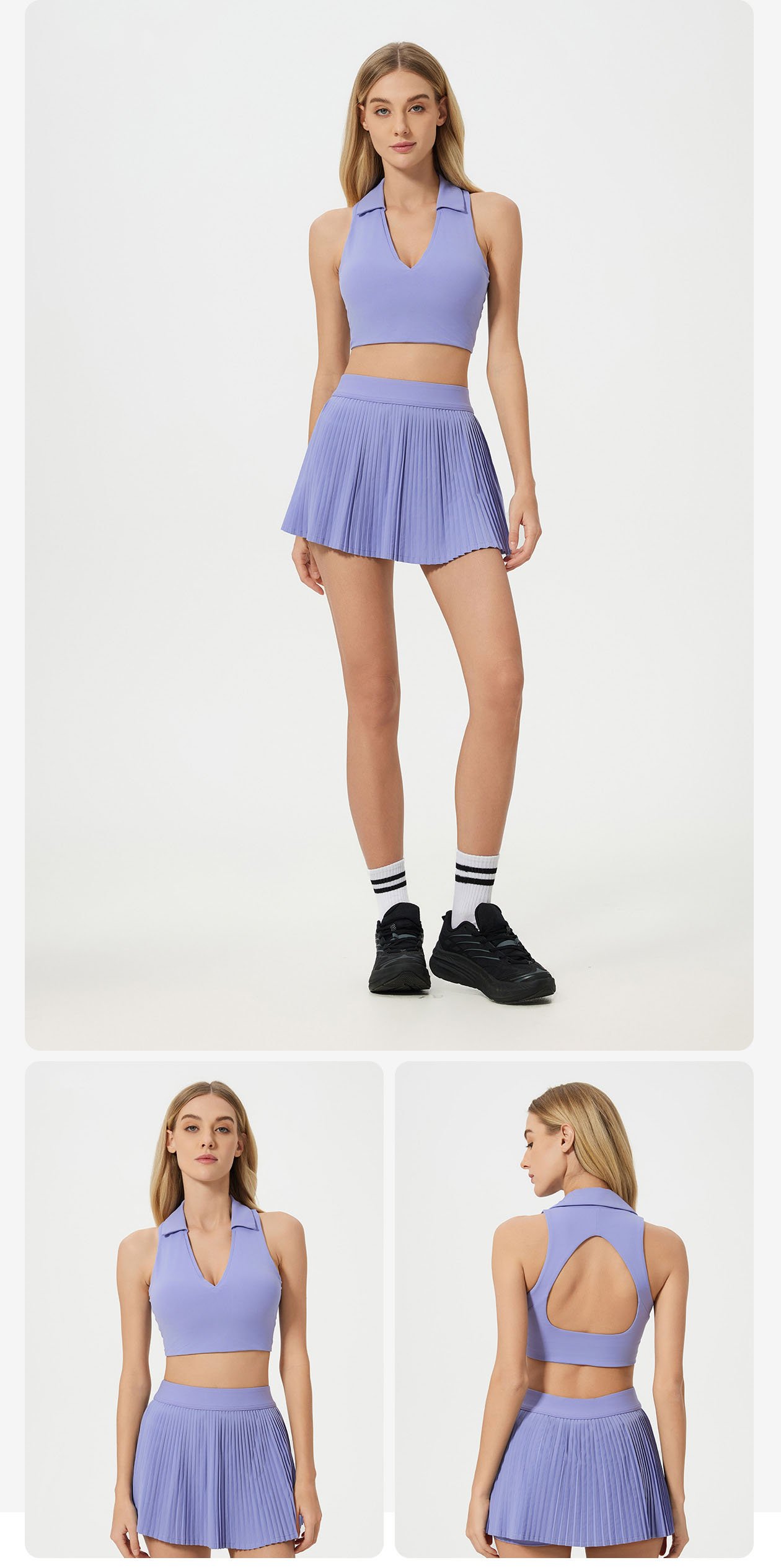 Lavender sports vest skirt set collared workout two piece