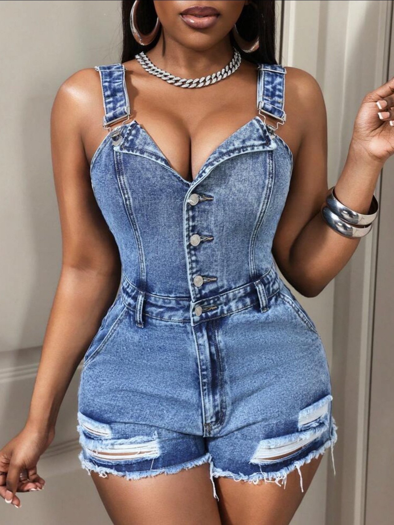 Bodycon hip-hugging overalls button front frayed hem denim playsuit