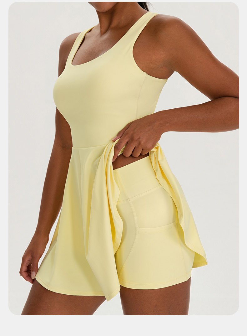 Yellow two-piece tennis skirt set hidden built-in pocket shorts