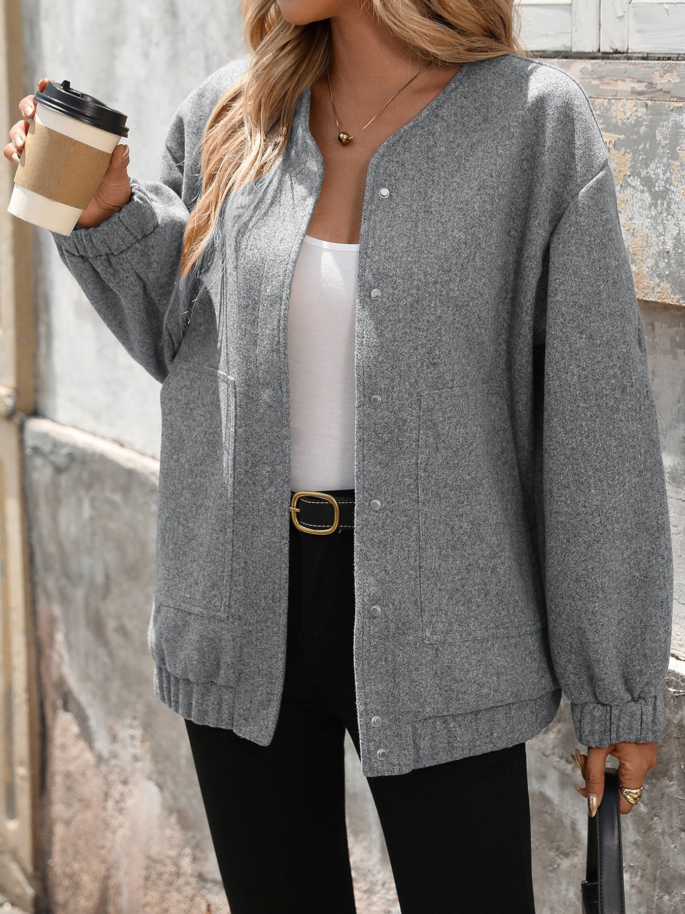 Grey casual woolen jacket snap button front close up outer coat