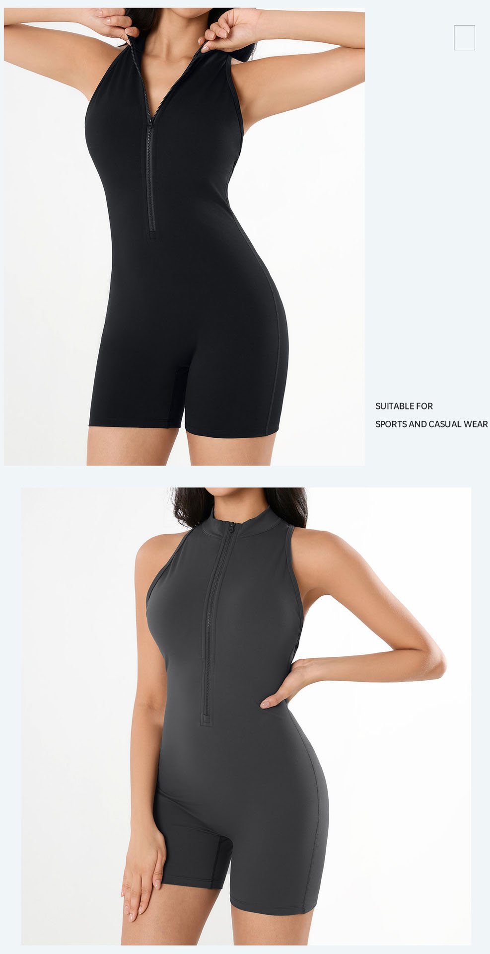 Black Gray Half Zip High Neck Racerback Shorts Jumpsuit Side Combo