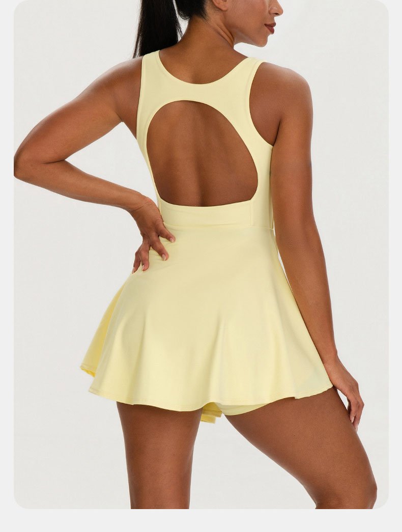 Yellow two-piece tennis skirt set back cutout sleeveless design