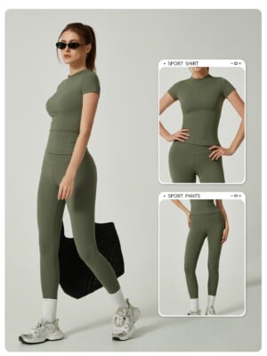 Green yoga pants and short-sleeved shirt set separate top pants split view