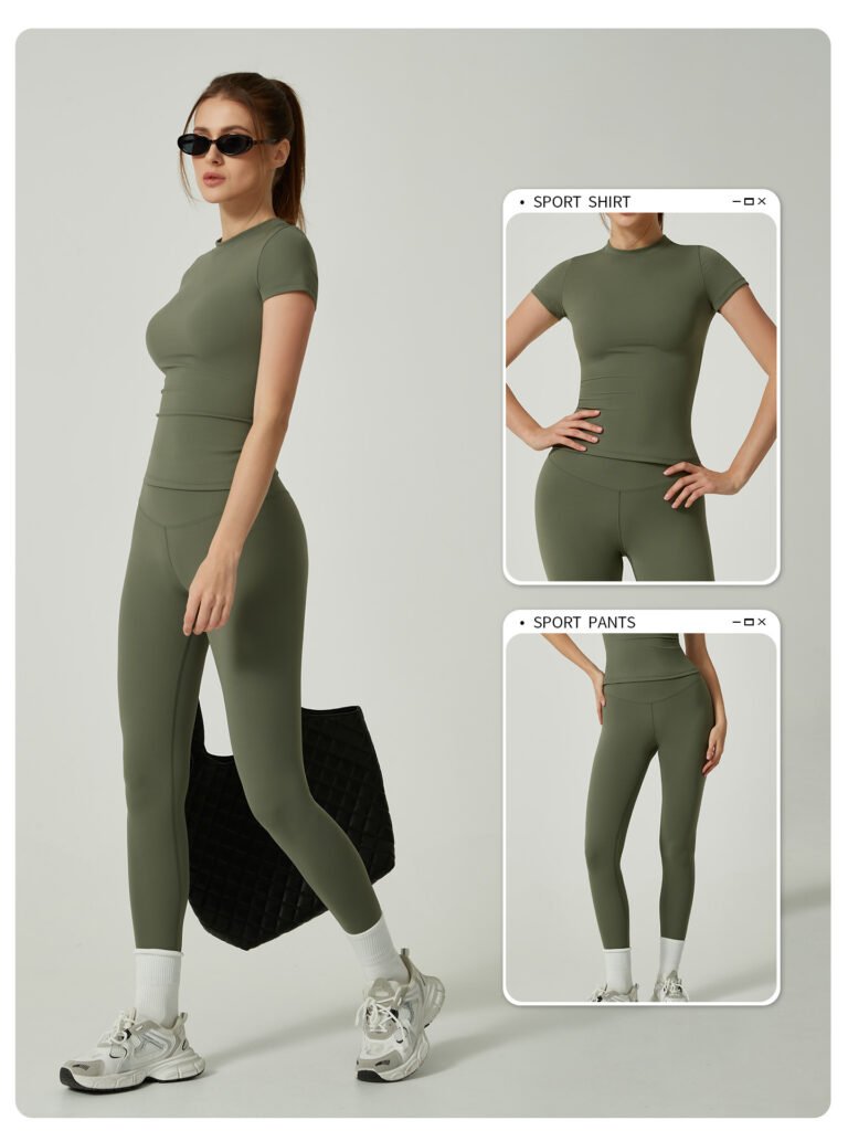 Green yoga pants and short-sleeved shirt set separate top pants split view