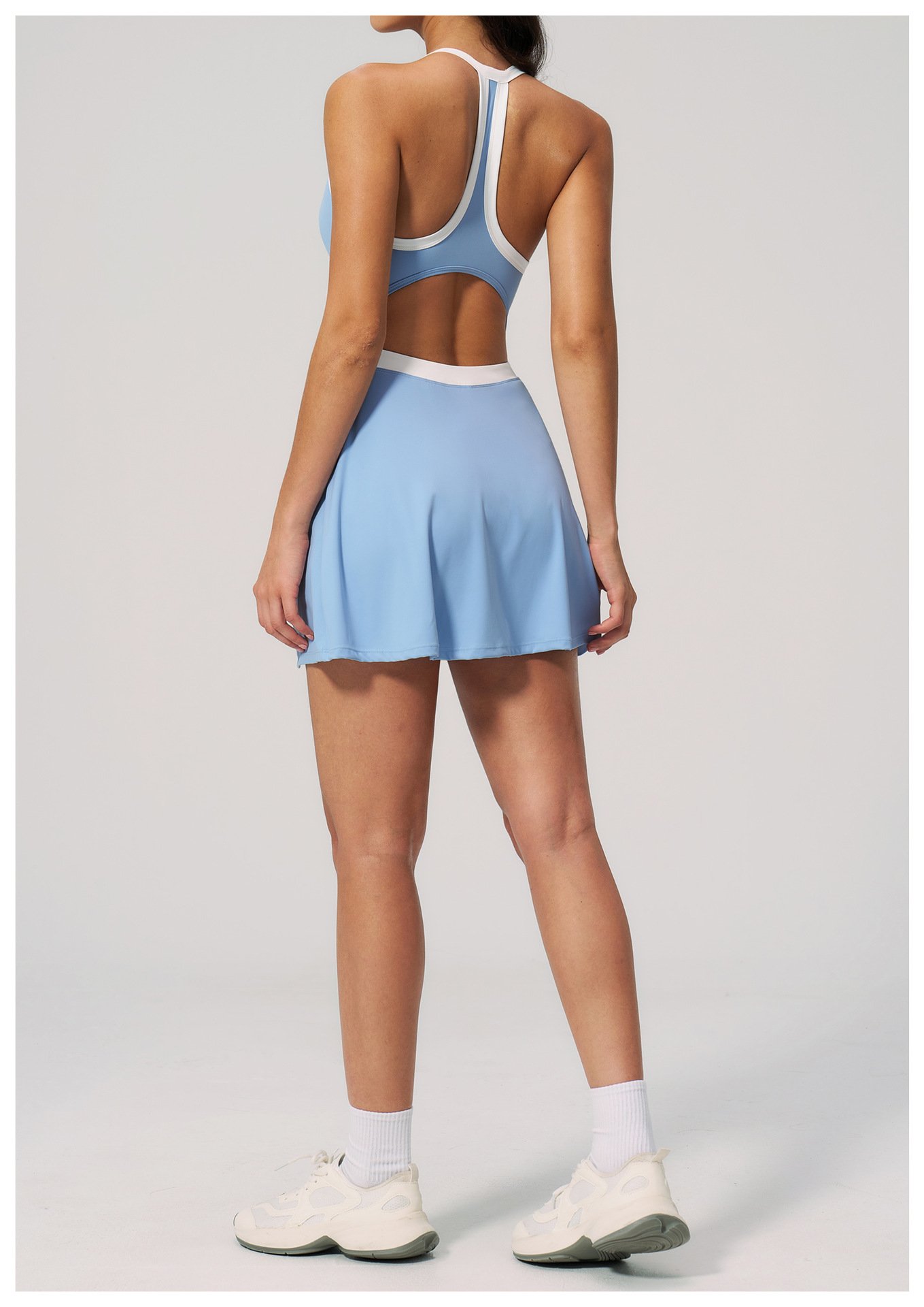 Sky Blue Halter Neck Racerback Cutout Waist Tennis Dress Back Shot
