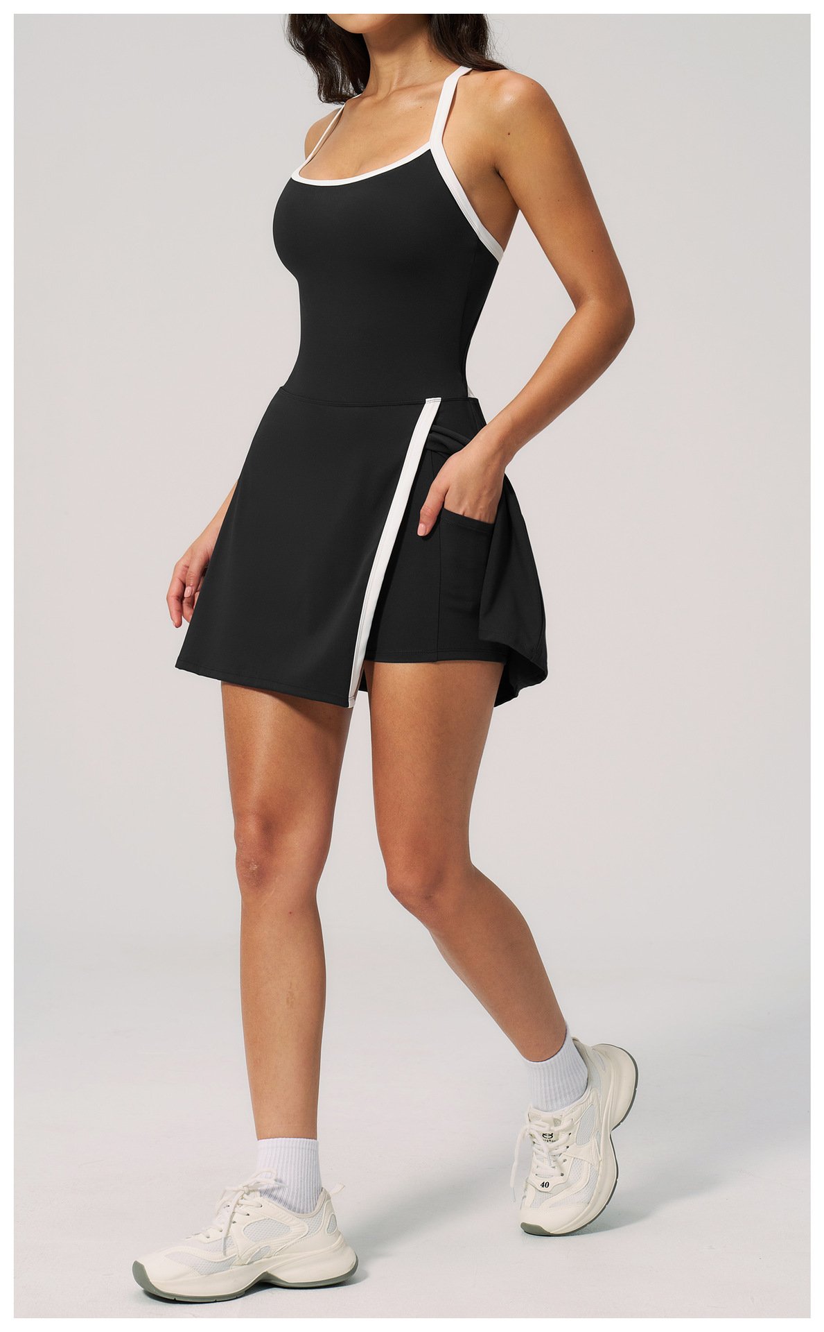 black Halter Neck Shoulder Strap Tennis Dress Front Side Pocket Shot