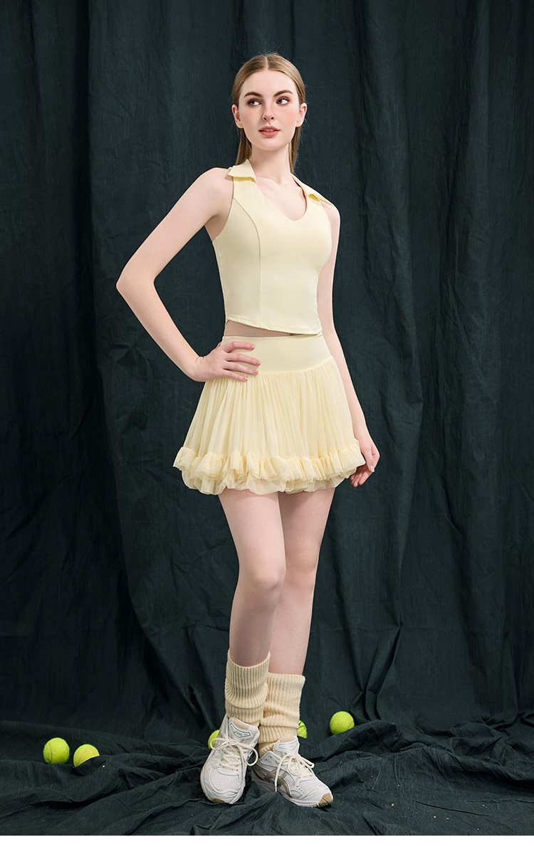 Pale Yellow Collared Racerback Tennis Pleated Skirt Set