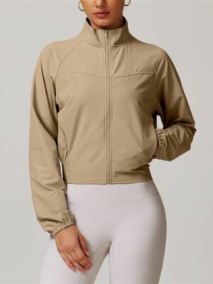 Khaki outdoor yoga clothing full zip pocketed training sport coat