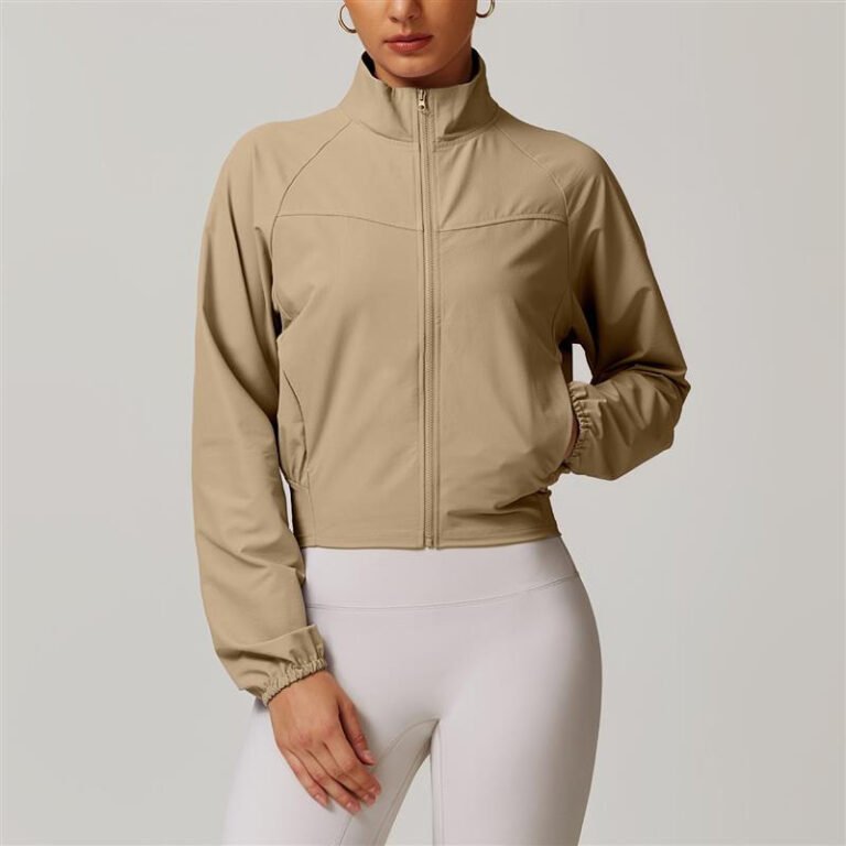 Khaki outdoor yoga clothing full zip pocketed training sport coat