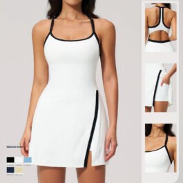 Halter Neck Shoulder Strap Tennis Dress Racerback Cutout Waist Contrast Trim Built-in Shorts Side Pockets Athletic Golf Active Dress 4 Colors Blue Navy Yellow White S-L