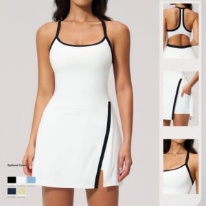 Halter Neck Shoulder Strap Tennis Dress Racerback Cutout Waist Contrast Trim Built-in Shorts Side Pockets Athletic Golf Active Dress 4 Colors Blue Navy Yellow White S-L