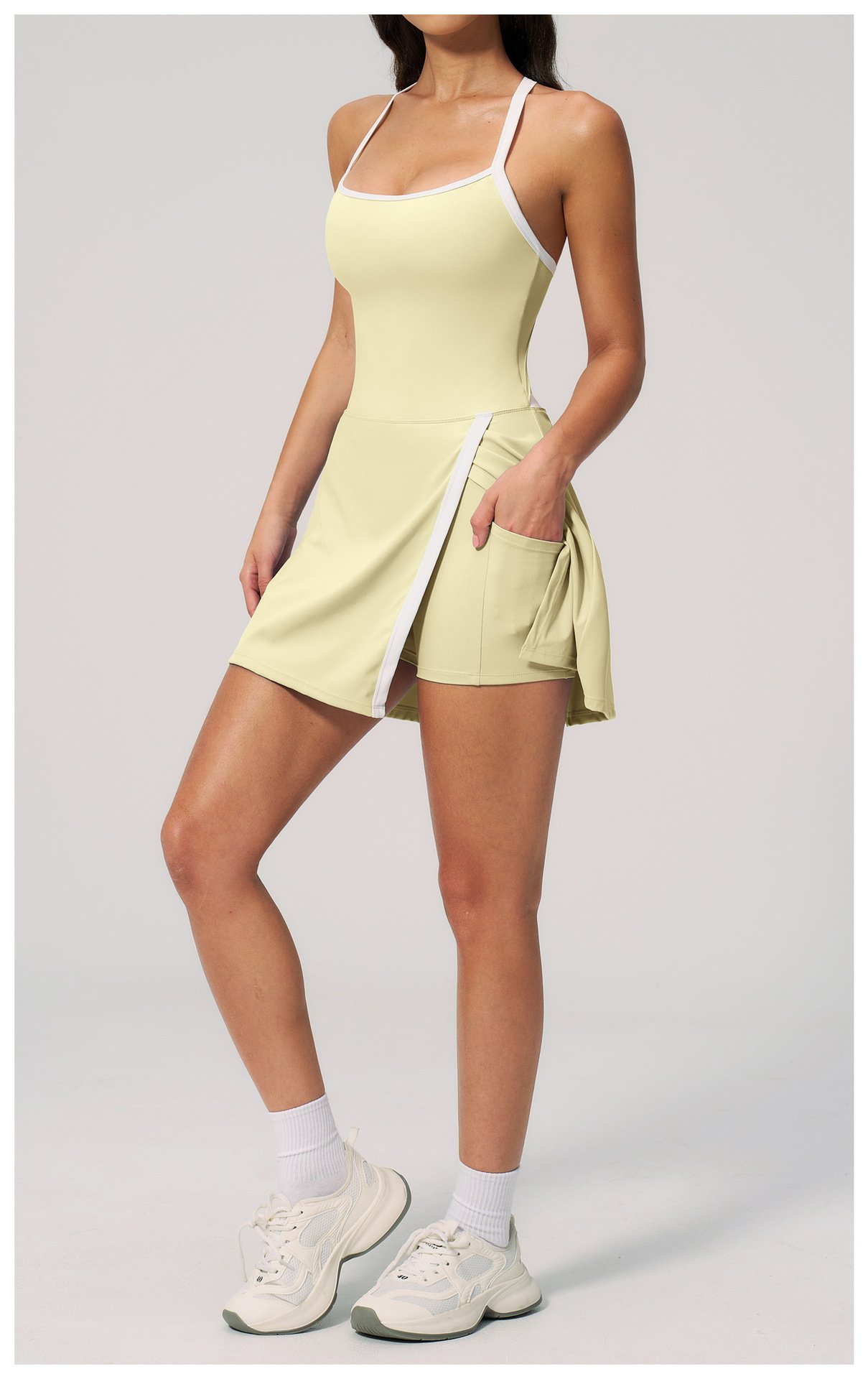 Lemon Yellow Halter Neck Shoulder Strap Tennis Dress Front Side Pocket Shot