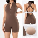 brown Half Zip High Neck Racerback Shorts Jumpsuit Full Front Shot