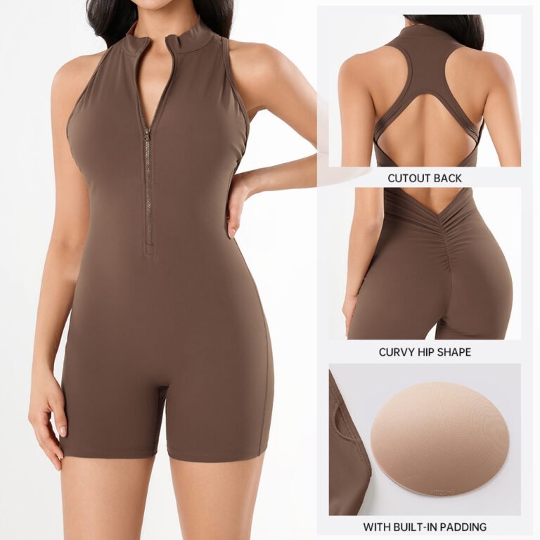 brown Half Zip High Neck Racerback Shorts Jumpsuit Full Front Shot