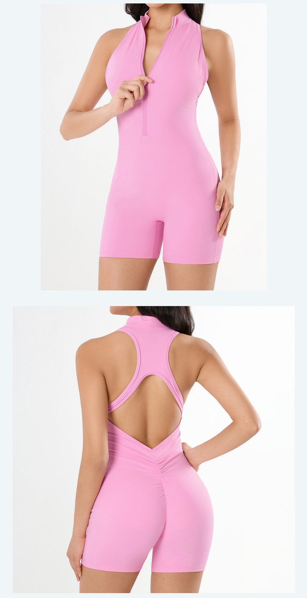 Pink Half Zip High Neck Racerback Shorts Jumpsuit Front Back Combo