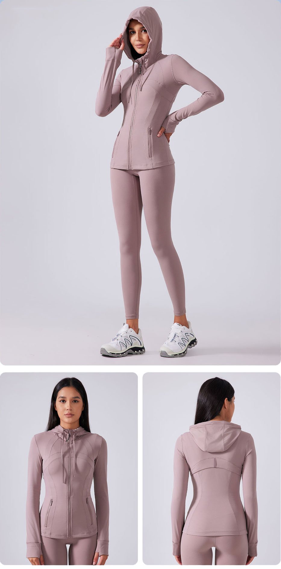 pink zipper hoodie yoga wear hood up style