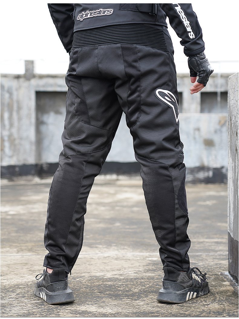 Solid black anti-fall riding pants back view mesh moto trousers