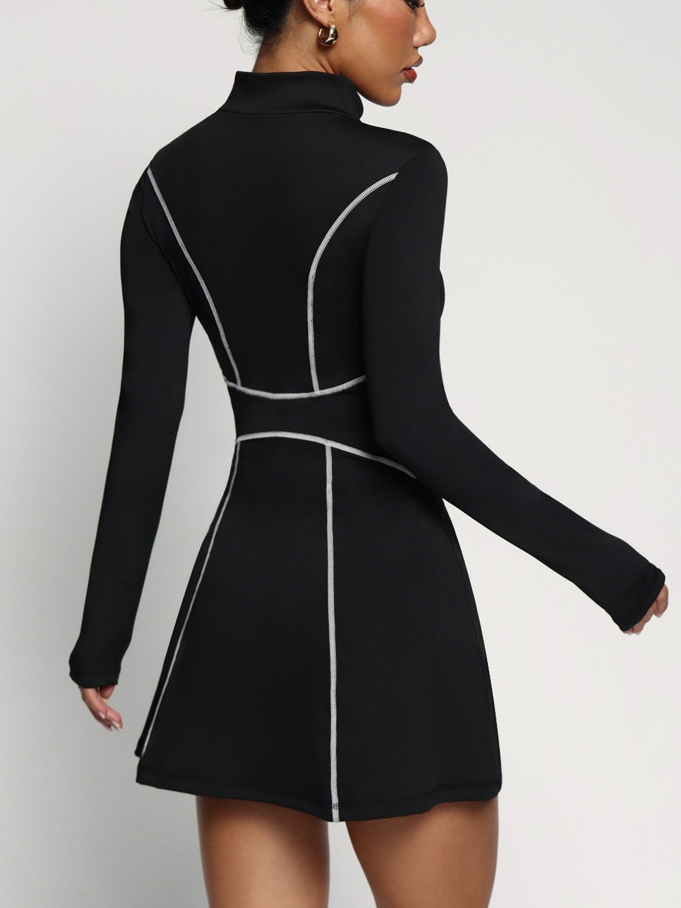 Black Half Zip Long Sleeve Yoga Dress Full Back Shot