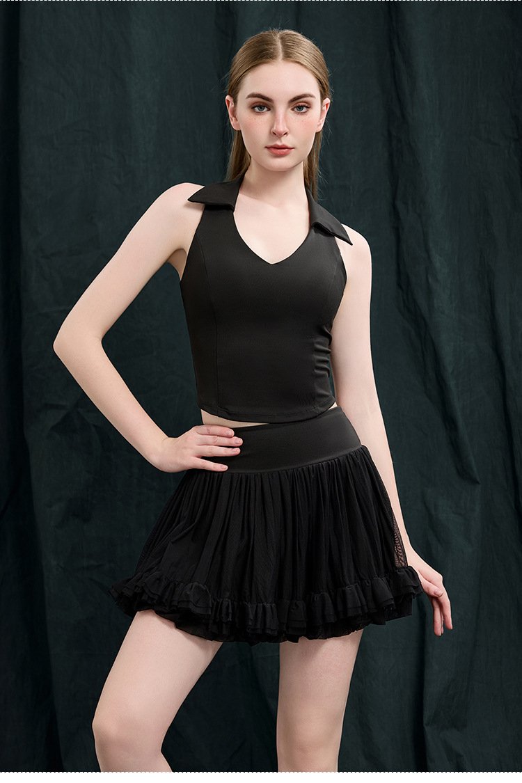 Black Collared Tennis Two Piece Pleated Skirt Set