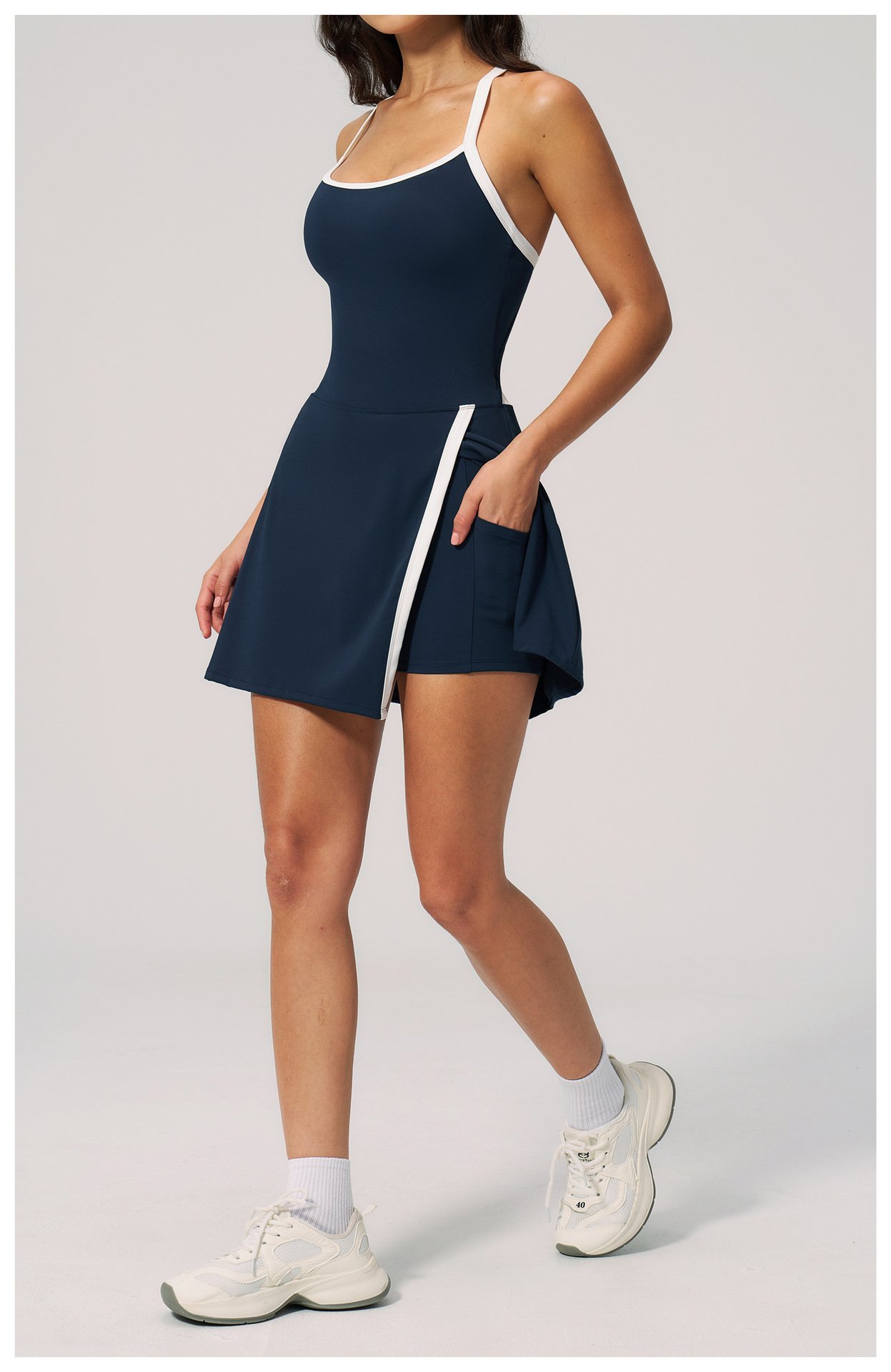 Navy Blue Halter Neck Shoulder Strap Tennis Dress Front Side Pocket Shot