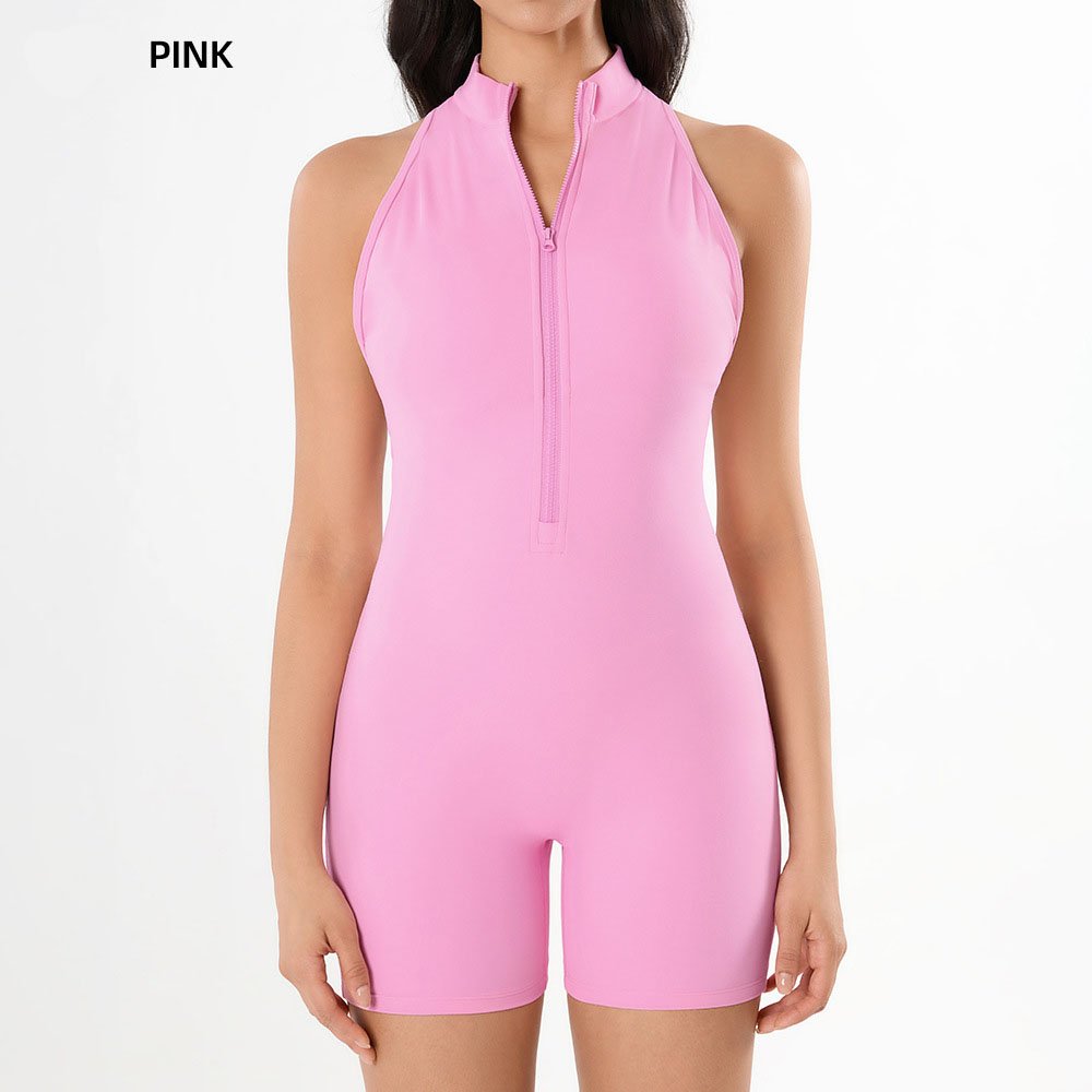 Pink Half Zip High Neck Racerback Shorts Jumpsuit Full Front Shot