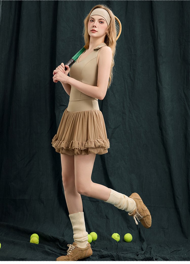 Beige Vintage Court Tennis Pleated Skirt Two Piece Set