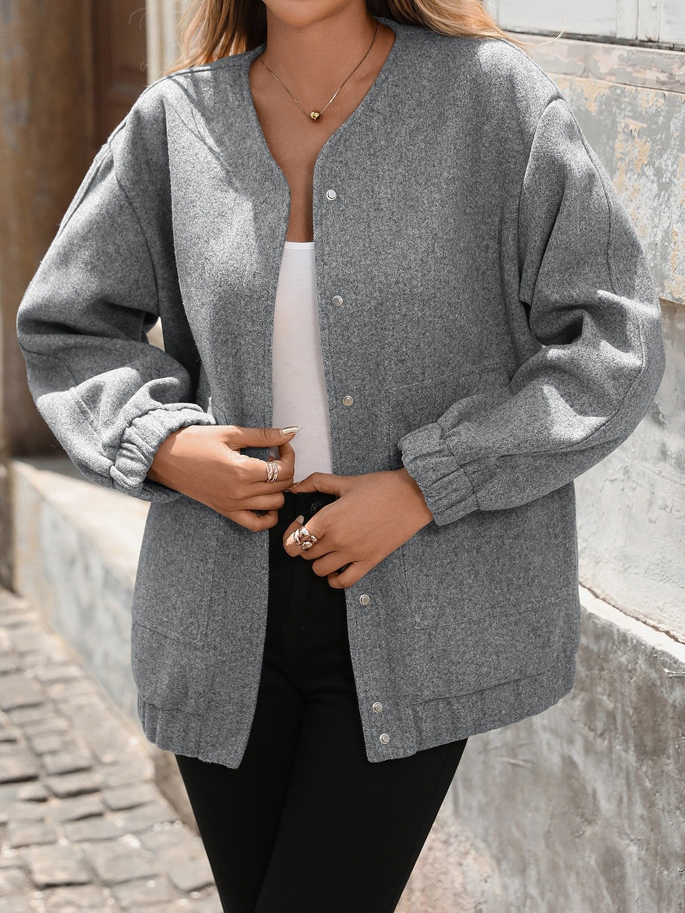 Grey casual woolen jacket snap button front close up outer coat