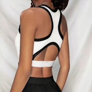Contrast Trim Racerback Sports Vest Sleeveless Square Neck Athletic Crop Top With Built In Bra For Court Casual Outfits