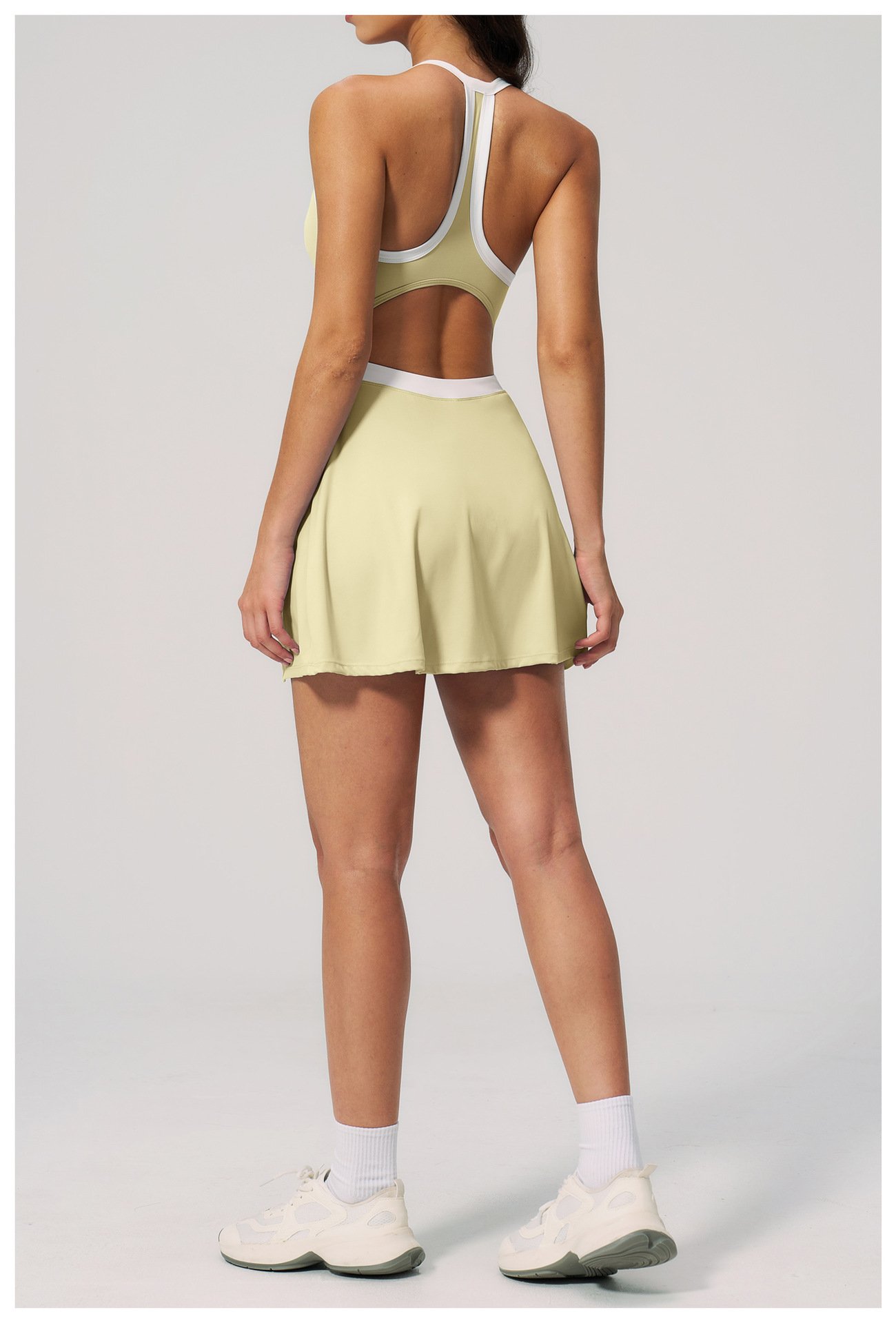 Lemon Yellow Halter Neck Racerback Cutout Waist Tennis Dress Back Shot
