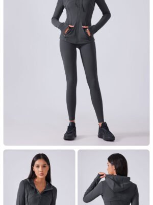 Dark grey zipper hoodie yoga wear hand pocket display