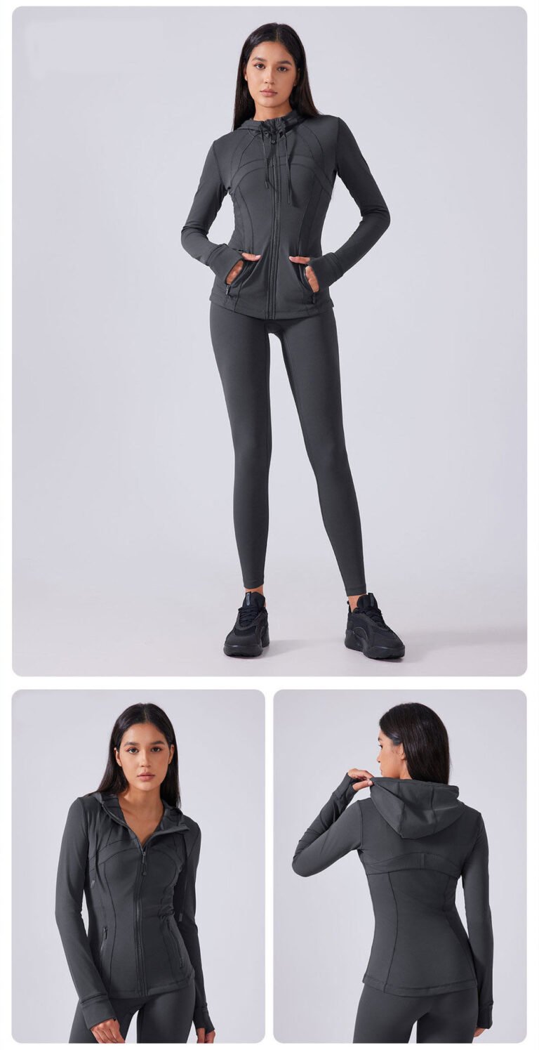 Dark grey zipper hoodie yoga wear hand pocket display