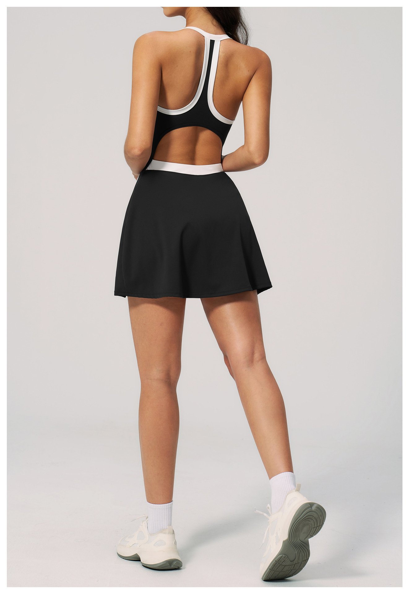 black Halter Neck Racerback Cutout Waist Tennis Dress Back Shot