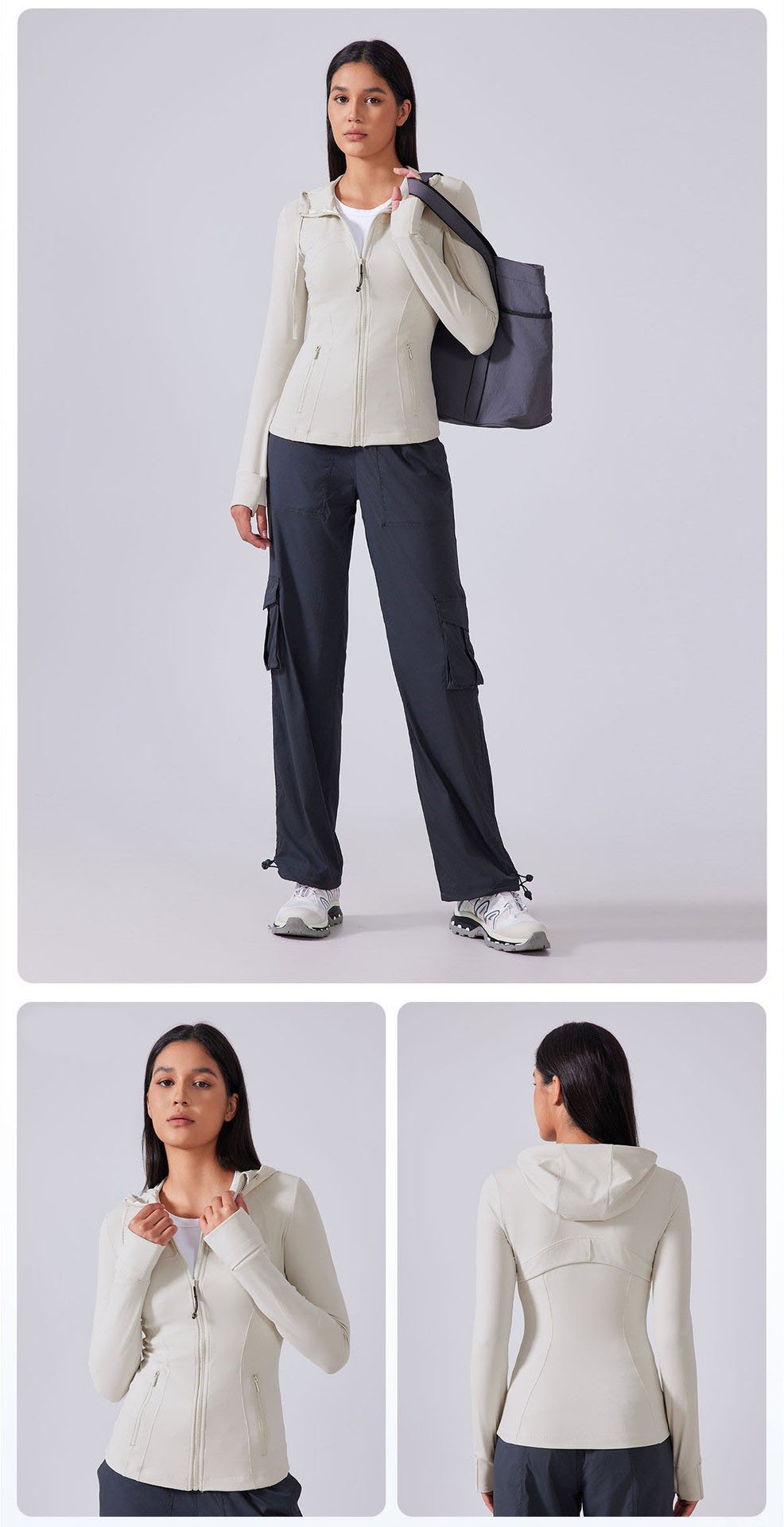 Cream zipper hoodie yoga wear match cargo sweat pants