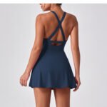 Anti-Exposure Tennis Dress Racerback Cross Strap Built-in Shorts High Neck Flared Skirt Sleeveless Athletic Workout Dress Black Navy Pink Women S-L