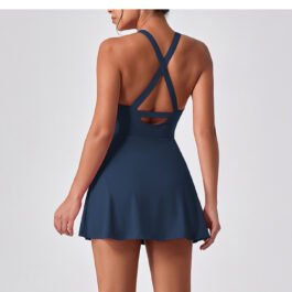Anti-Exposure Tennis Dress Racerback Cross Strap Built-in Shorts High Neck Flared Skirt Sleeveless Athletic Workout Dress Black Navy Pink Women S-L