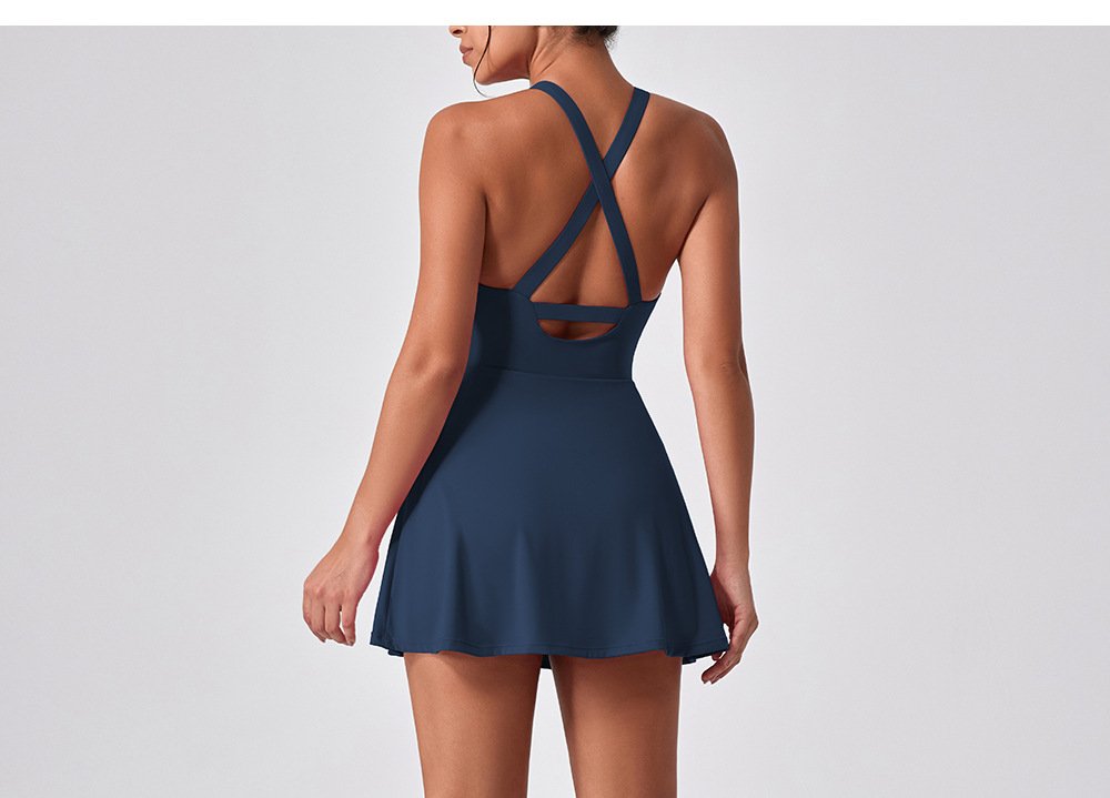 Anti-Exposure Tennis Dress Racerback Cross Strap Built-in Shorts High Neck Flared Skirt Sleeveless Athletic Workout Dress Black Navy Pink Women S-L