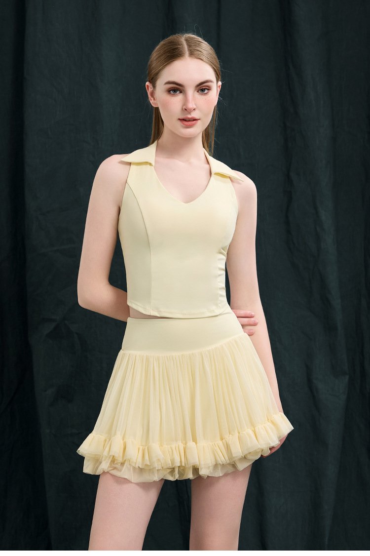 Light yellow Collared Racerback Tennis Pleated Skirt Set