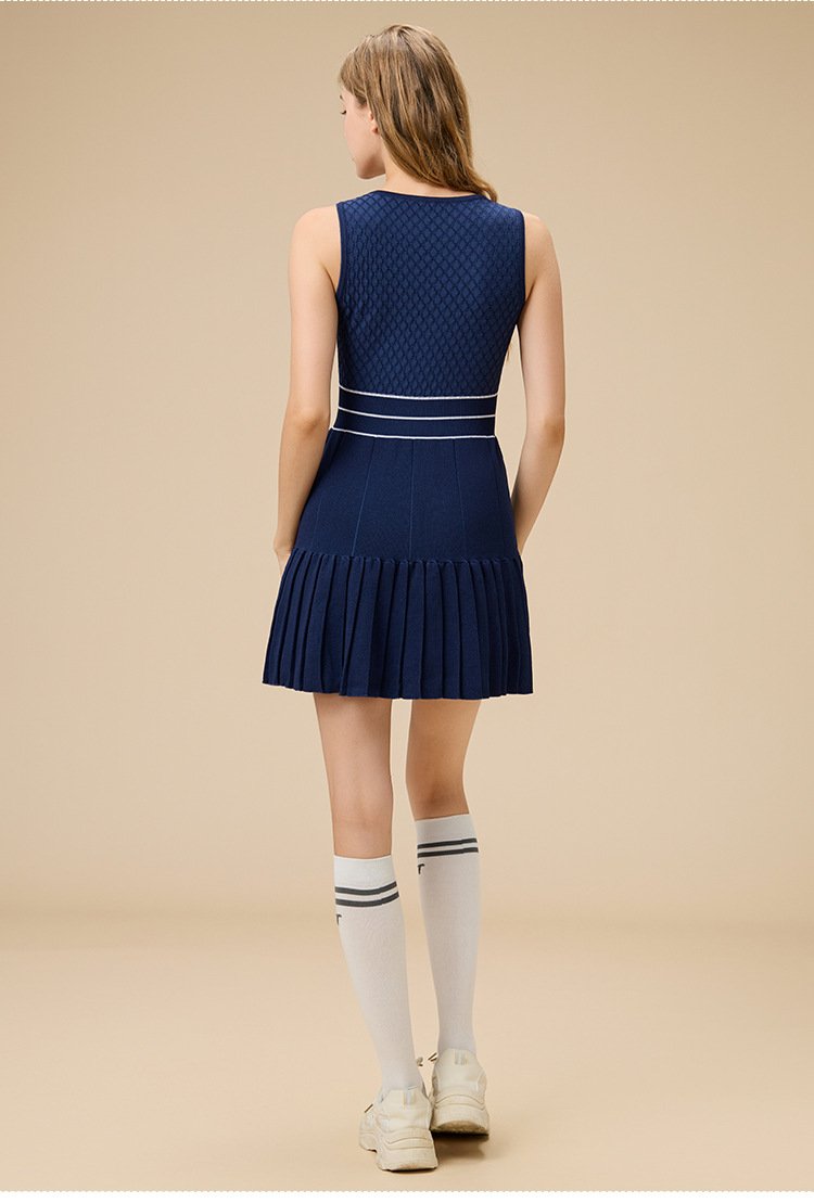 Back view Navy zipper tennis dress striped high waist knit outfit