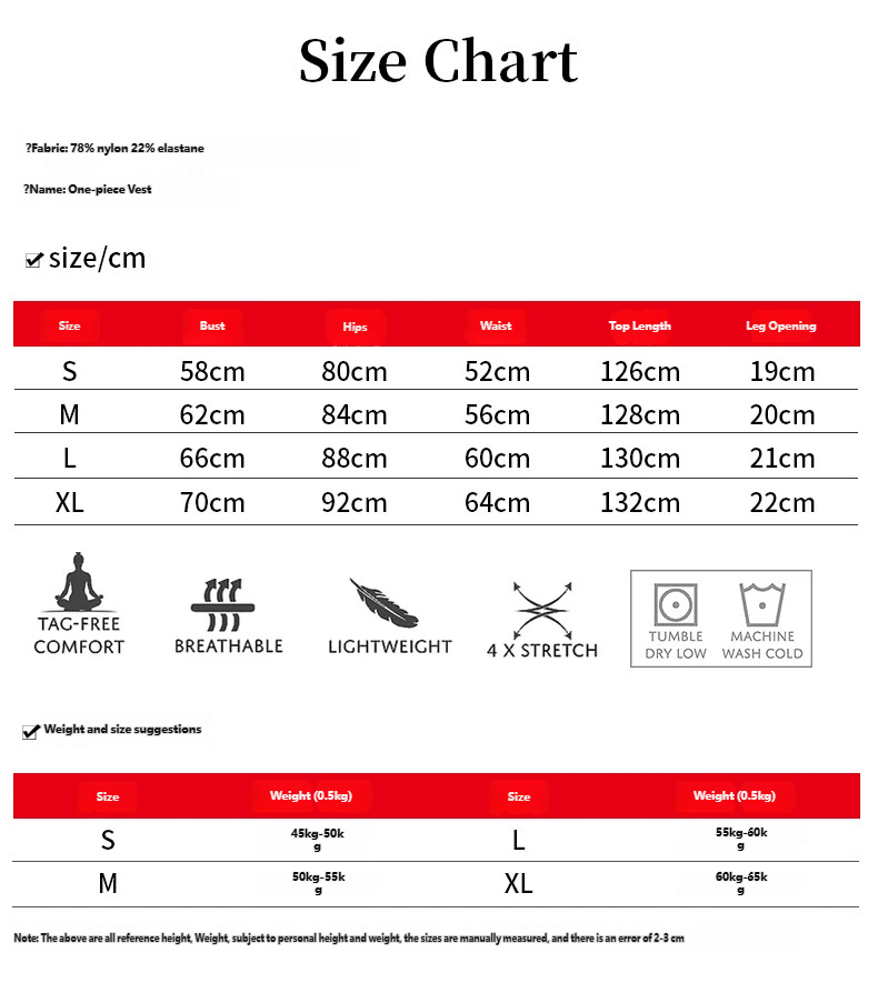 Size chart for back-beautifying hip lifting one-piece garment nylon elastane jumpsuit